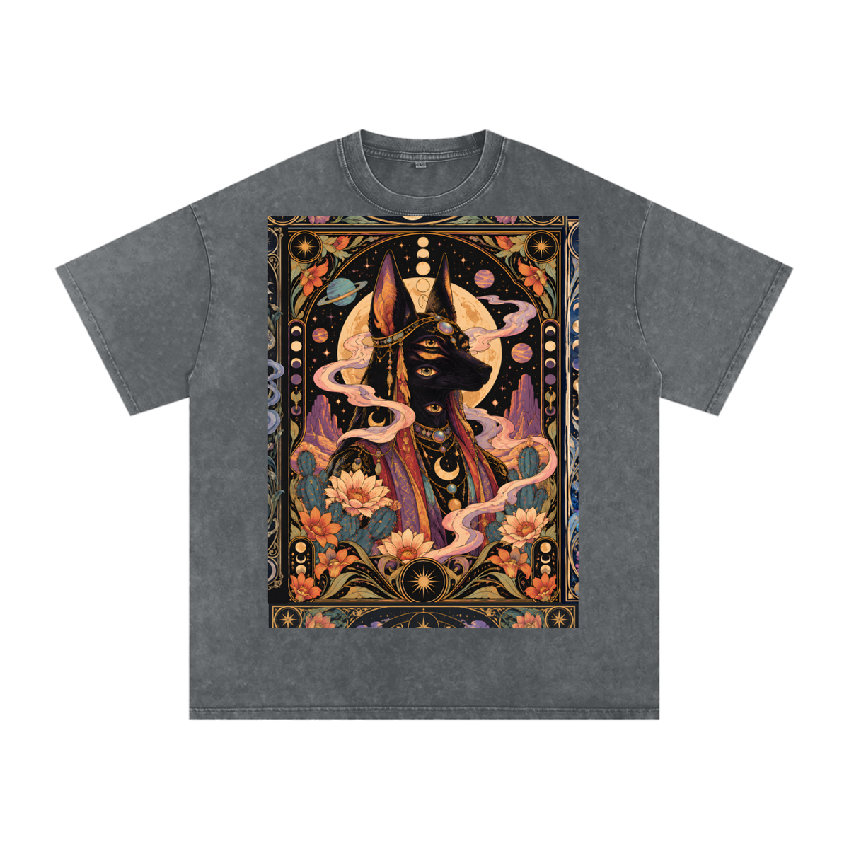 Anubis Egyptian Lotus Moon Tarot Grunge Psy Festival Snow Washed Oversized Cotton T-Shirt Tee