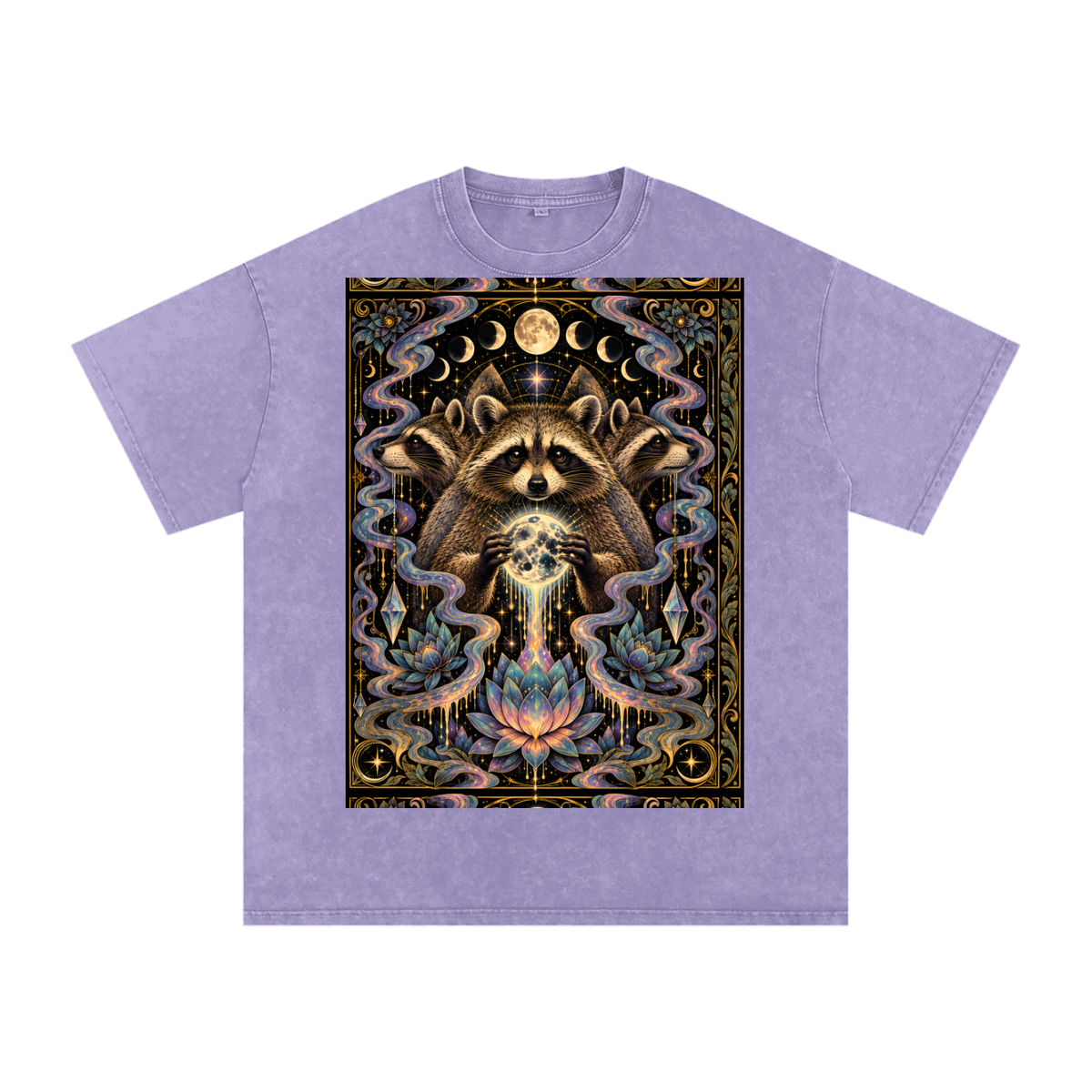 Raccoon Rorshach Moon Lotus Drip Snow Washed Oversized Cotton T-Shirt