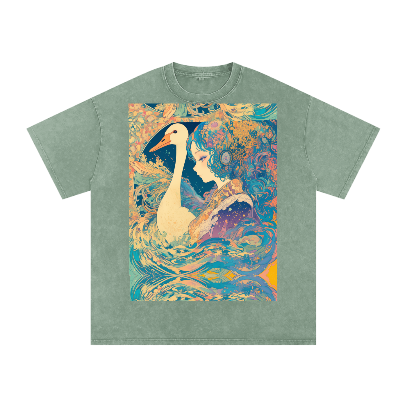 Goose Psychedelic Art Nouveau Moon Beach Wave Bordered Silhouette Anime Pagan Water Goddess Unisex T-Shirt--Snow Washed Oversized Cotton T-Shirt