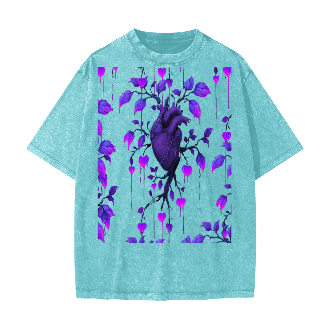 Neon Purple Heart Vine Goth Rave Festival Grunge Floral Snow Washed T-Shirt