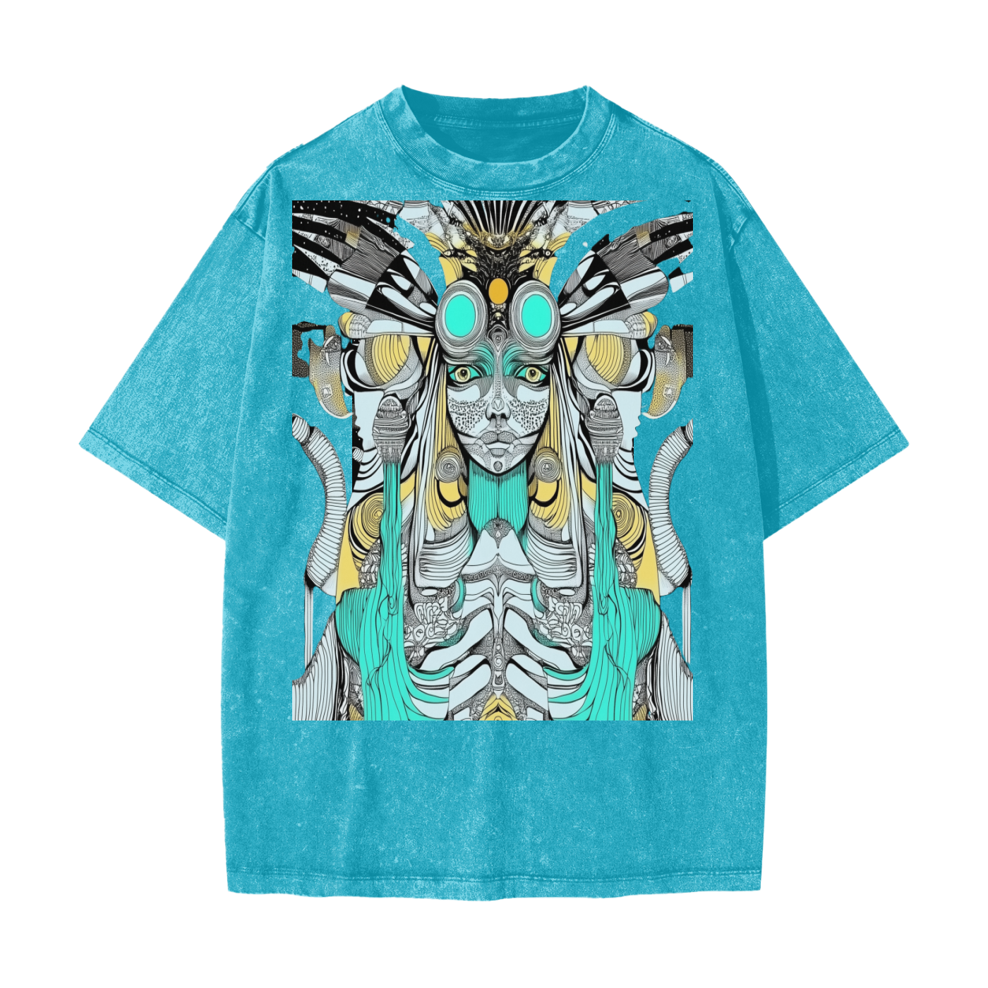 Alien Aztec Atlantean Tribal Vision Psychedelic Rave Streetwear American Vintage Waxed Dyed Washed  Heavyweight 100% Cotton T-Shirt