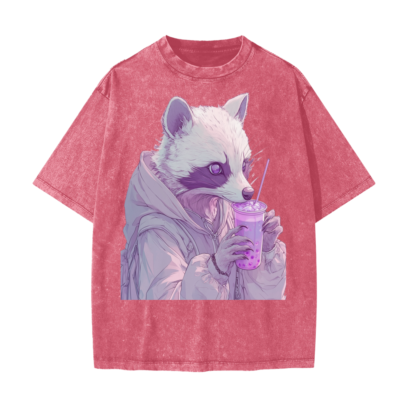 Pastel Pink Lavender Racoon Rainy Day Grunge Punk Anime Boba Tea Boyfriend fit  Acid Wash Oversize T-Shirt - CottonHeavyweight Snow Washed T-Shirt