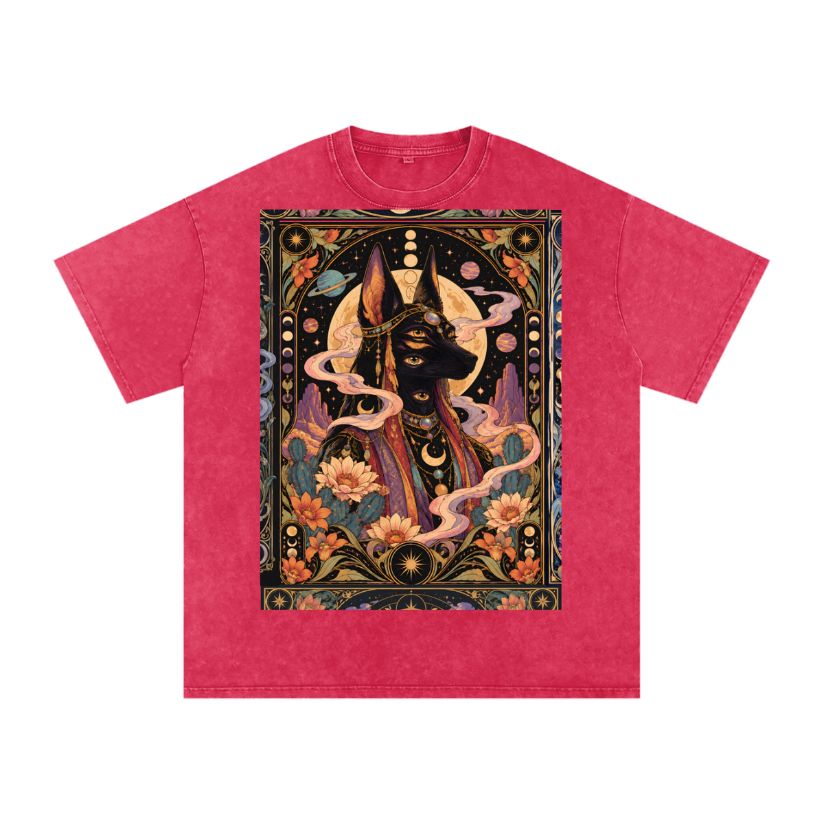 Anubis Egyptian Lotus Moon Tarot Grunge Psy Festival Snow Washed Oversized Cotton T-Shirt Tee