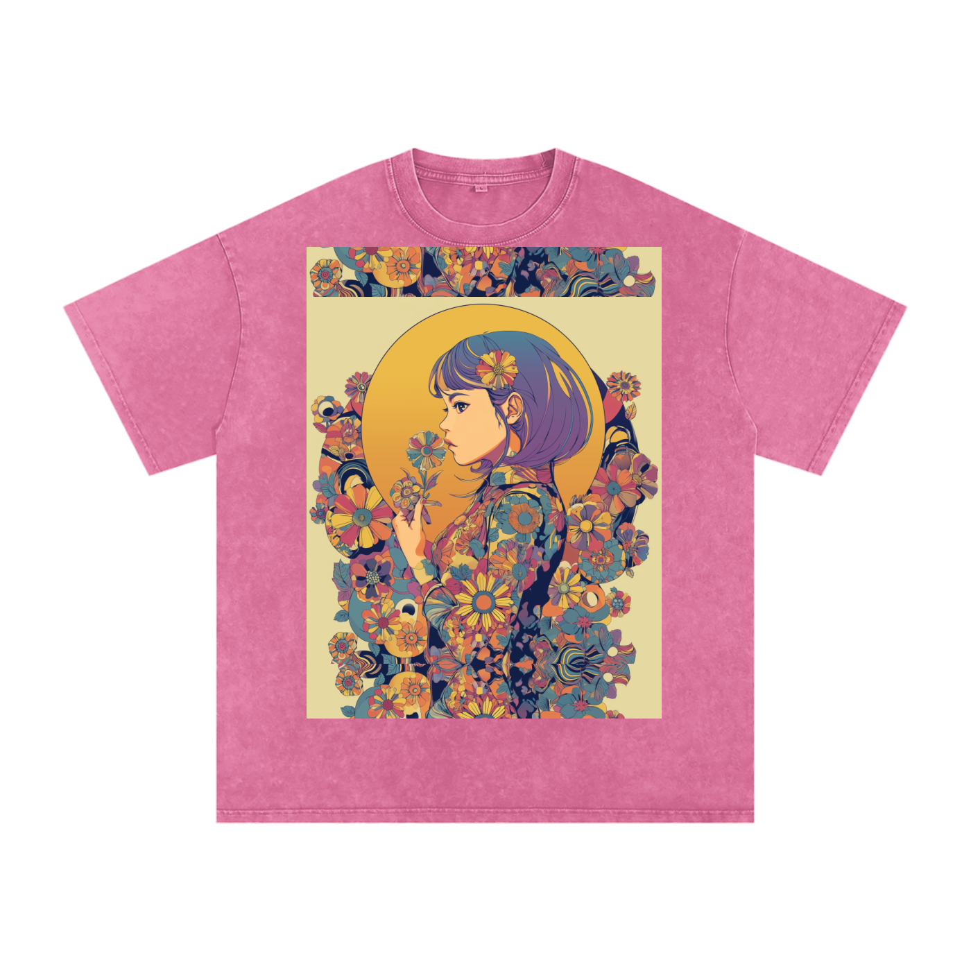 Retro Moon Boho Flapper Nouveau floral flower Maiden Snow Washed Oversized Cotton T-Shirt