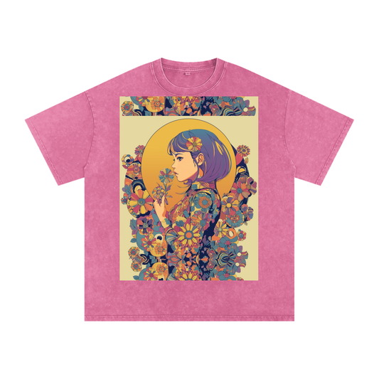 Retro Moon Boho Flapper Nouveau floral flower Maiden Snow Washed Oversized Cotton T-Shirt