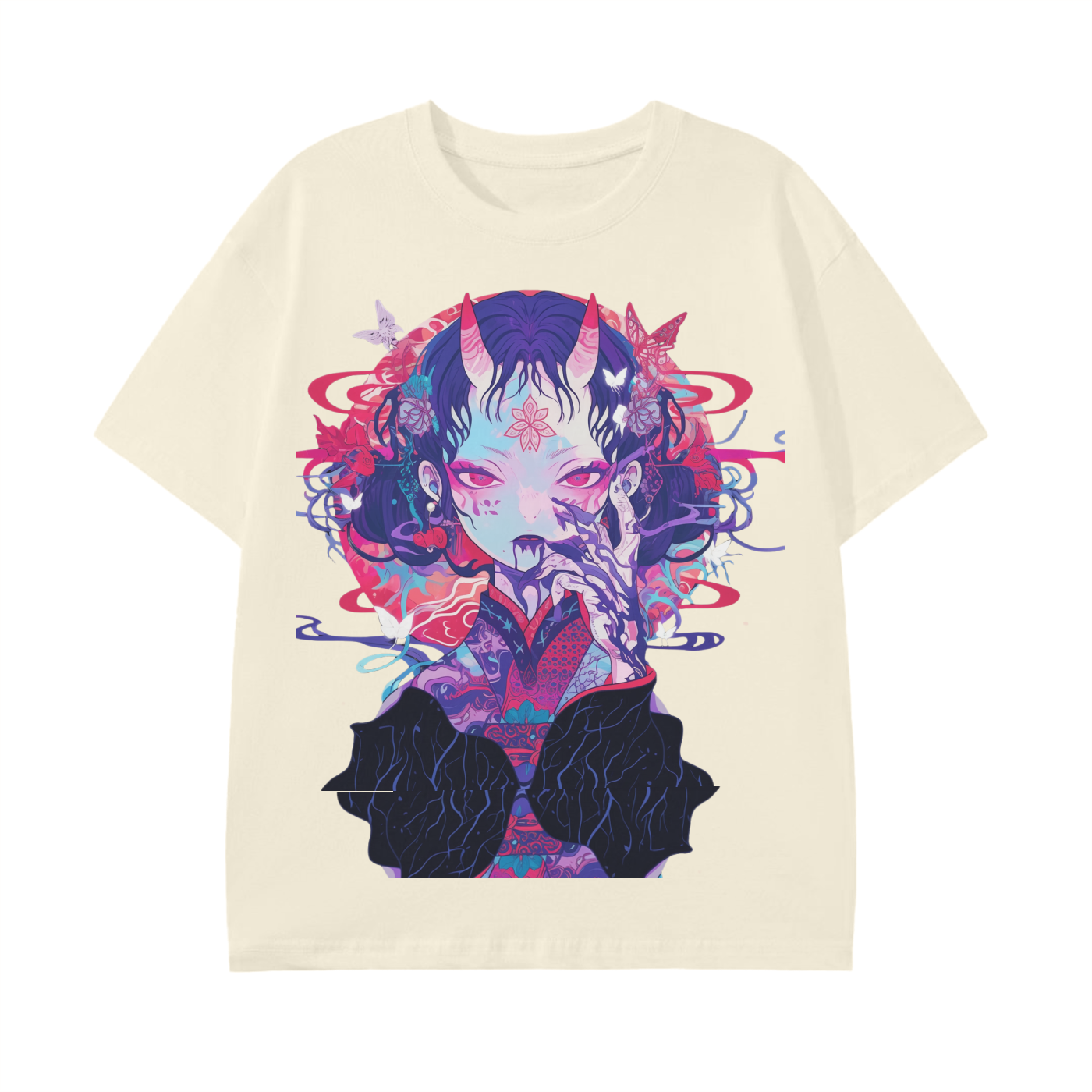 Anime Vampiric Ghost Illusion Witch Lotus Horns Reflective Butterfly Kabuki Graphic Unisex Classic T-Shirt