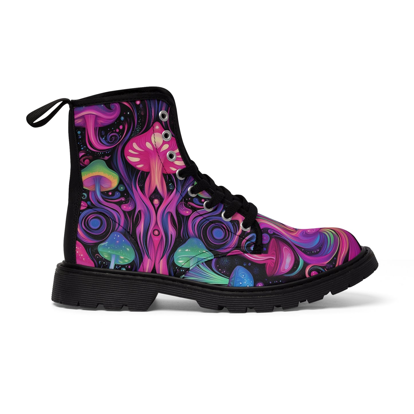 UV Alien Goddess Mushroom Glow SpaceShip Pink Purple Aqua Pastel Psychedelia Swirl Men's Canvas Boots