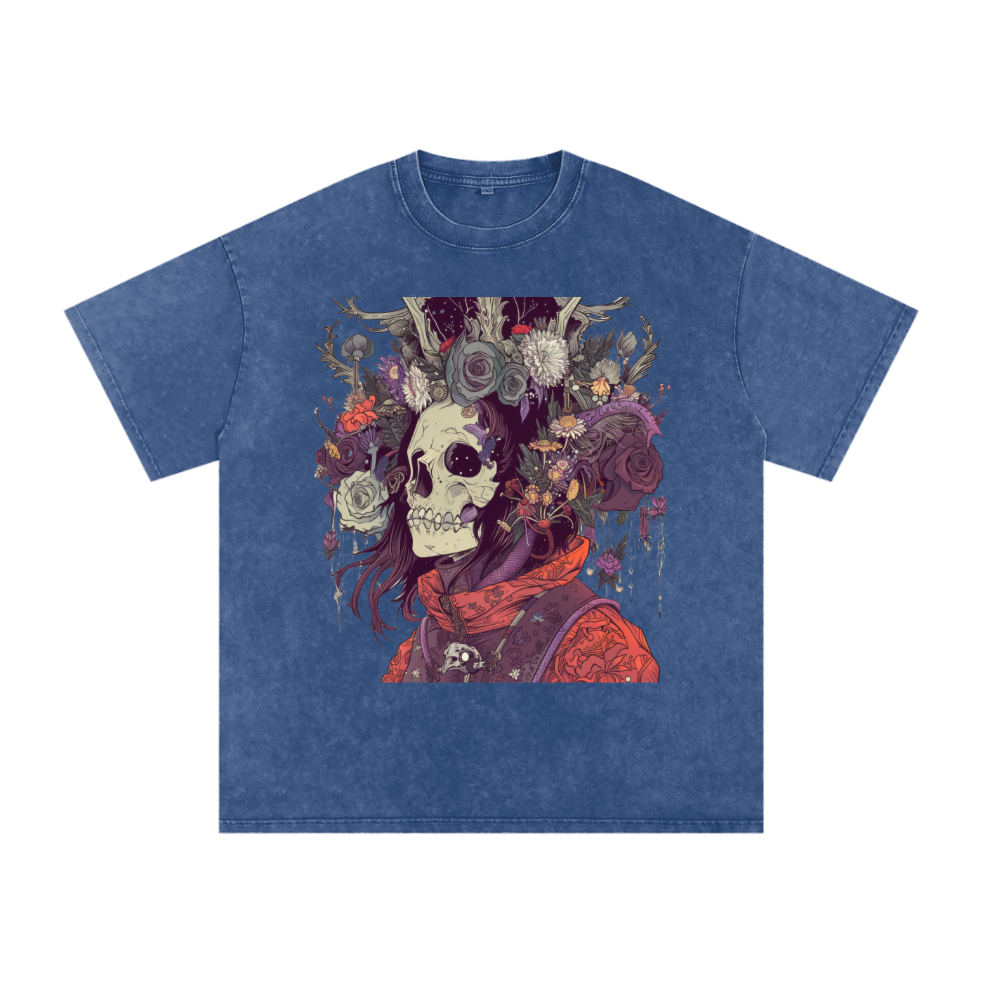 Skull Floral Sepia Warrior Tattoo Abstract Unisex graphic Tee Snow Washed Oversized Cotton T-Shirt