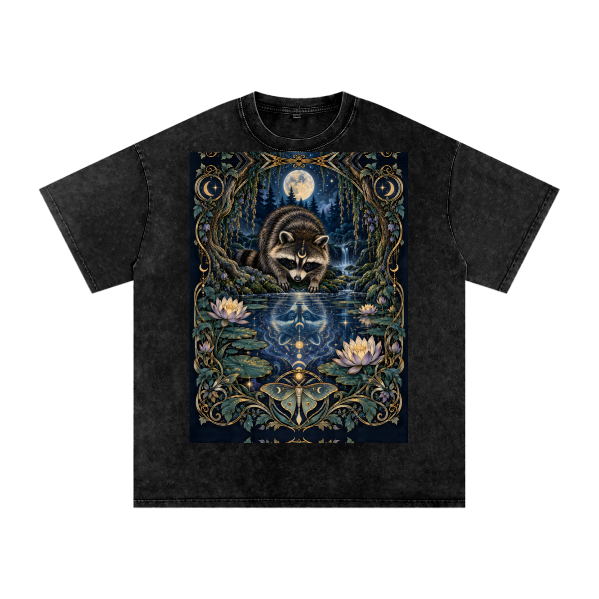 Raccoon Night Woods Lotus Reflection Fall Snow Washed Oversized Cotton T-Shirt
