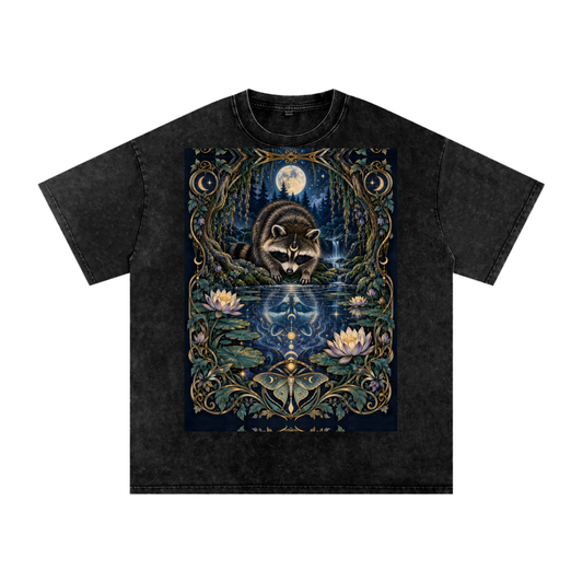 Raccoon Night Woods Lotus Reflection Fall Snow Washed Oversized Cotton T-Shirt