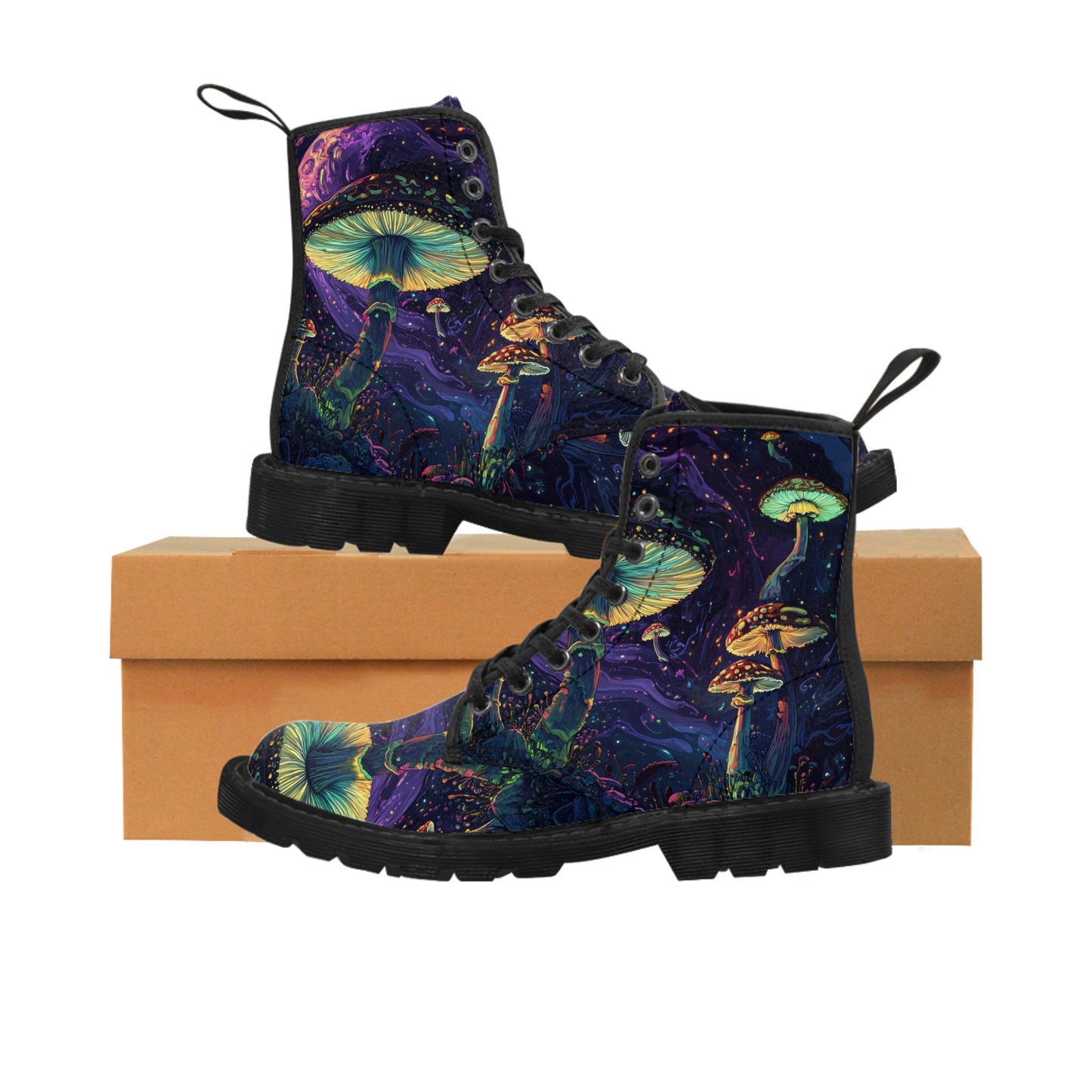 Purple Psychedelia Mushroom Fungi Cap Firefly Night Light in Space Swirl UV Festival Men's Canvas Boots