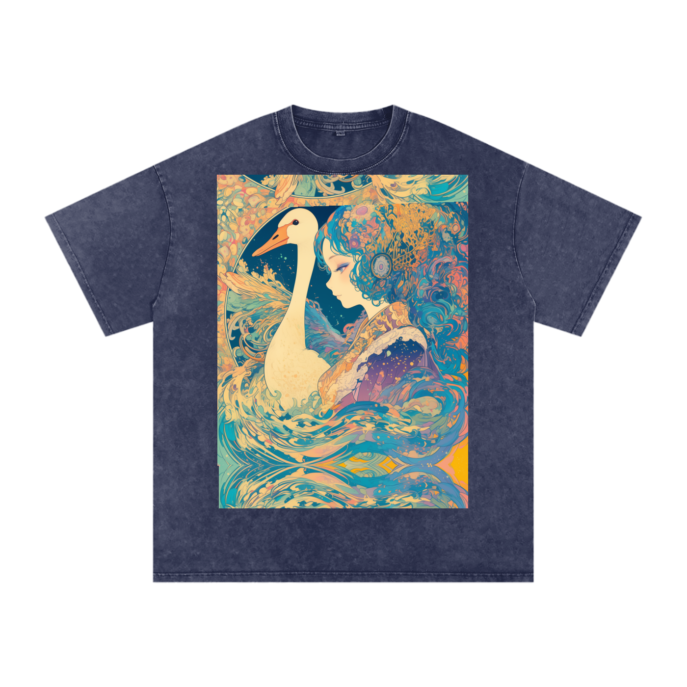 Goose Psychedelic Art Nouveau Moon Beach Wave Bordered Silhouette Anime Pagan Water Goddess Unisex T-Shirt--Snow Washed Oversized Cotton T-Shirt