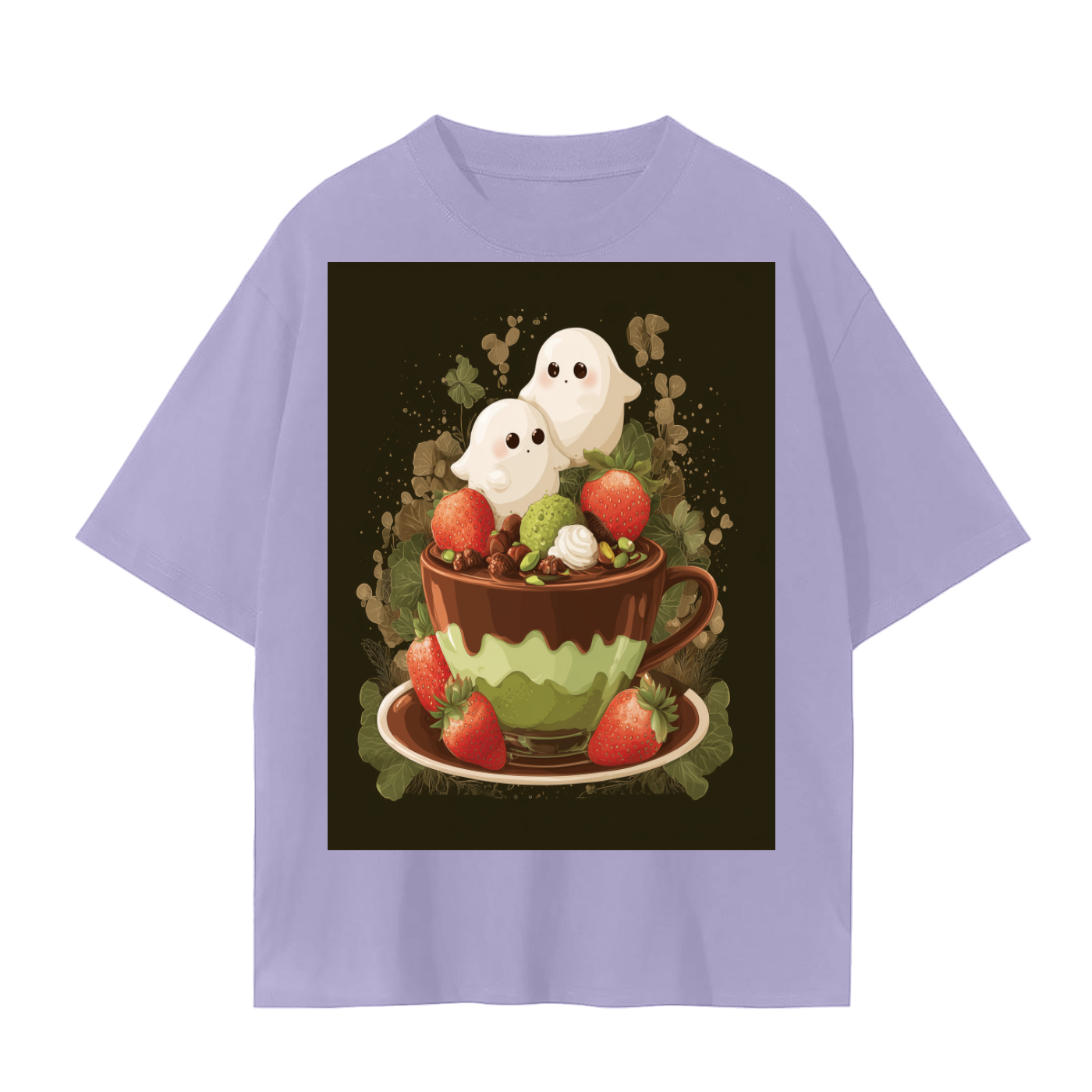 Anime Dubai Chocolate PIstachio Strawberry Cup of Chibi Ghost Kawaii Desert Latte Unisex Seamless T-Shirt