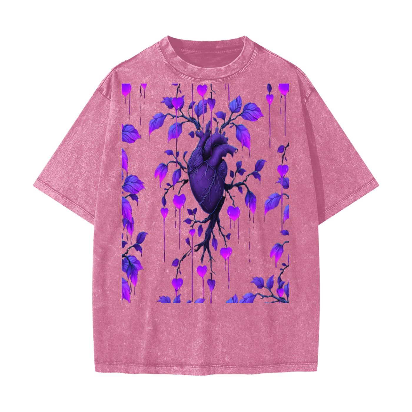 Neon Purple Heart Vine Goth Rave Festival Grunge Floral Snow Washed T-Shirt