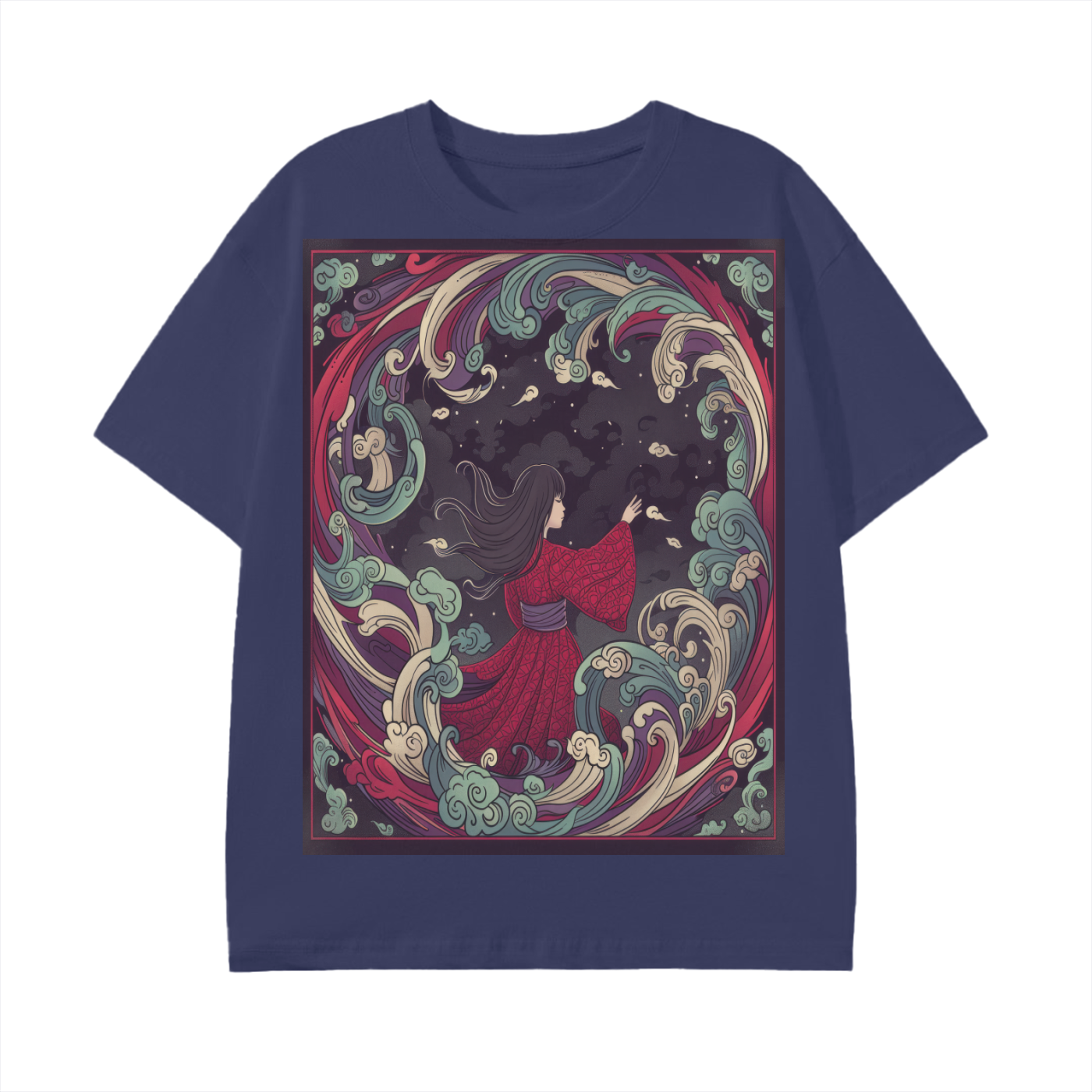 Wave Girl Ocean Night Swirl Avant Kimono Anime Graphic Print Unisex Classic T-Shirt