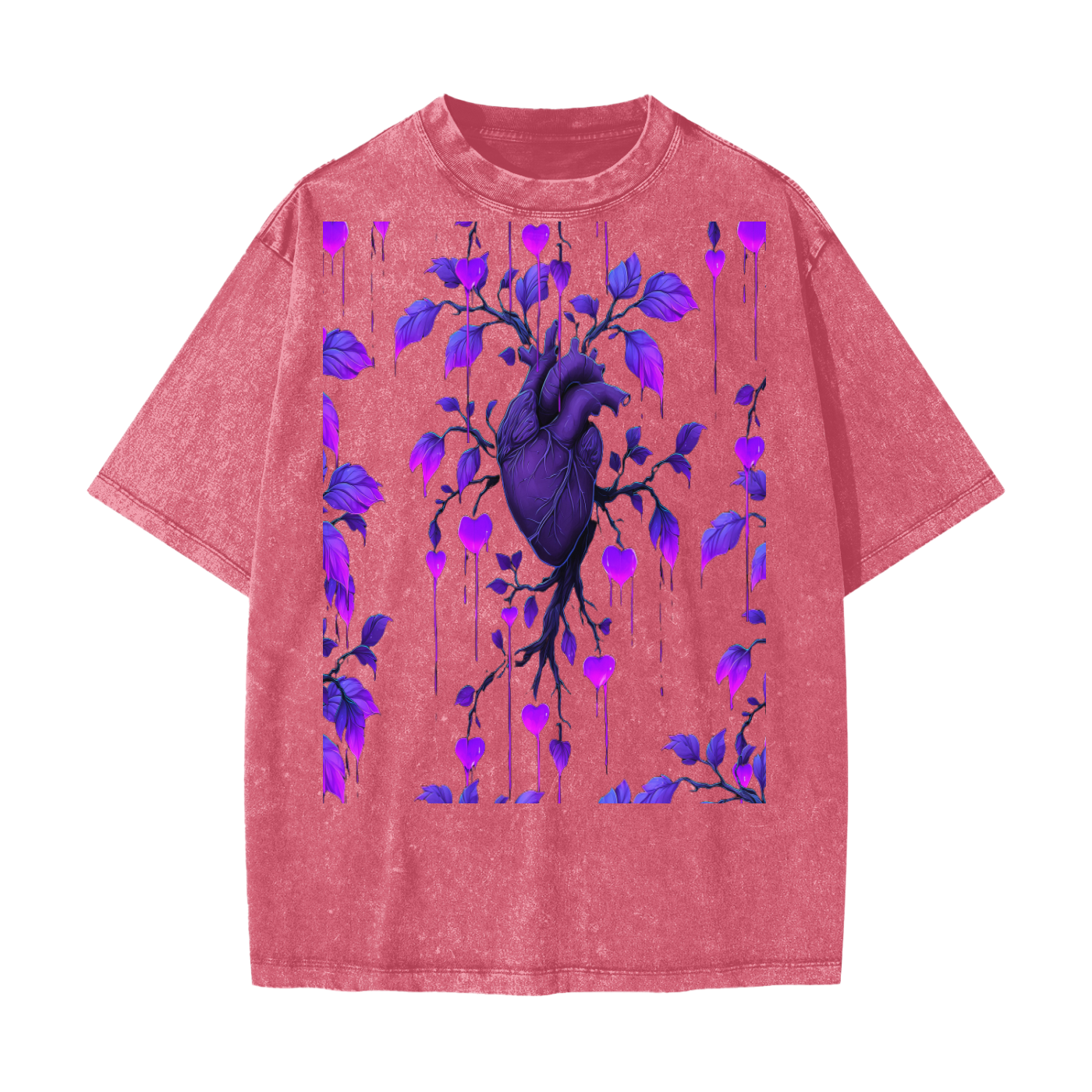 Neon Purple Heart Vine Goth Rave Festival Grunge Floral Snow Washed T-Shirt