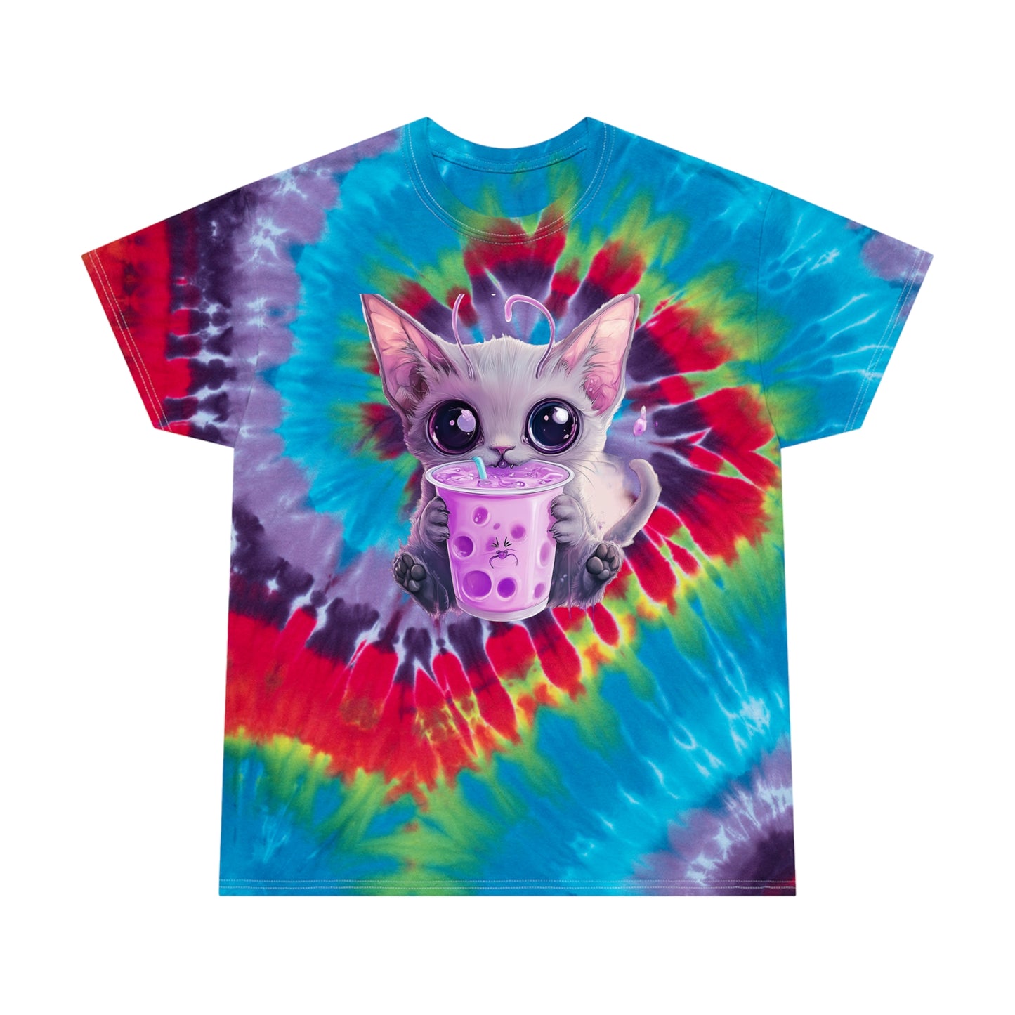 BobaCat Chibi big eyes Pastel Tie-Dye Tee, Spiral