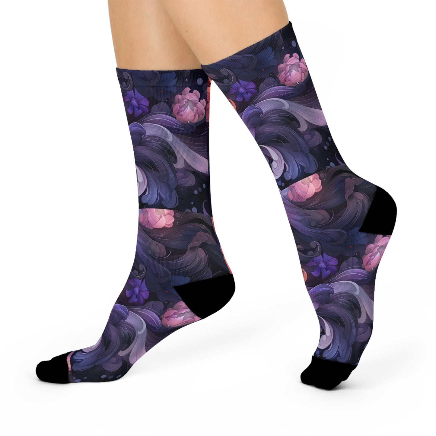 Pink Floral Lotus Scale Swirl Pastel Anime Orient Cushioned Crew Socks
