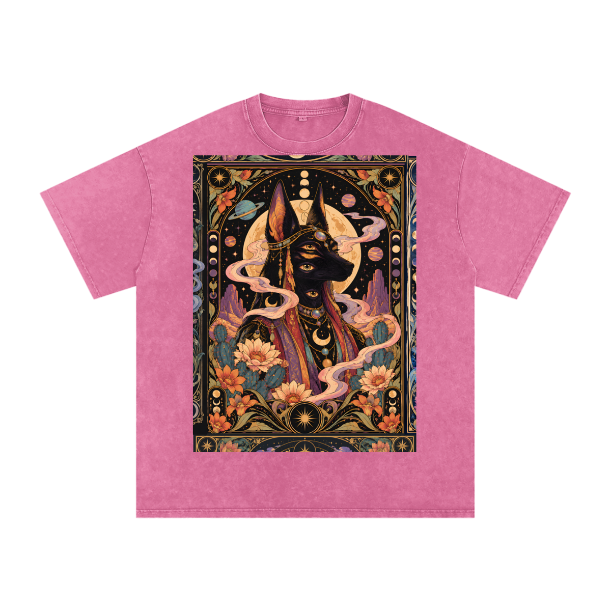 Anubis Egyptian Lotus Moon Tarot Grunge Psy Festival Snow Washed Oversized Cotton T-Shirt Tee