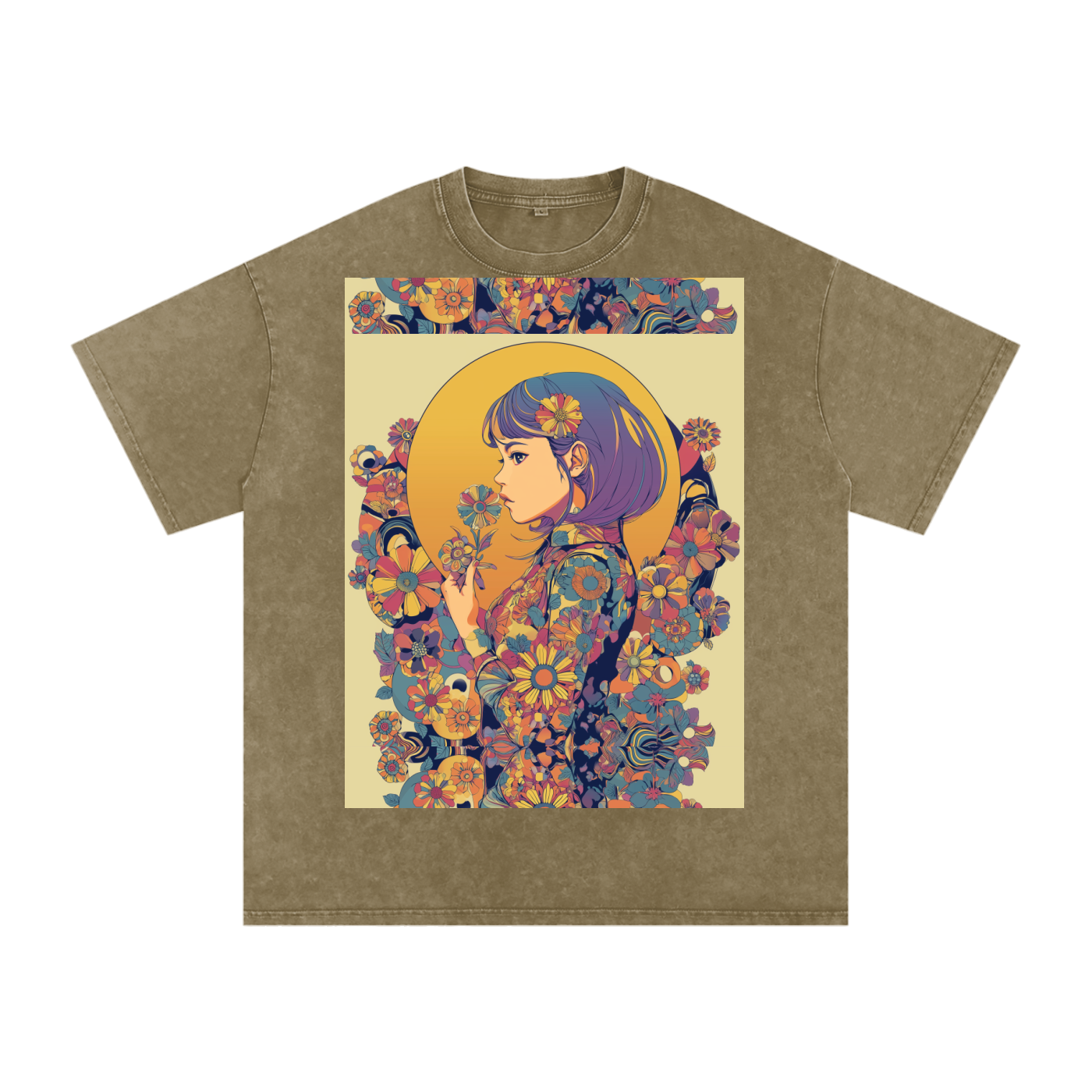 Retro Moon Boho Flapper Nouveau floral flower Maiden Snow Washed Oversized Cotton T-Shirt
