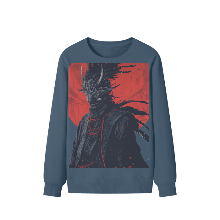 Rustic Crow Horned Samurai Night Sage Red Moon Streetwear Pullover Classic Sweater - 300 GSM