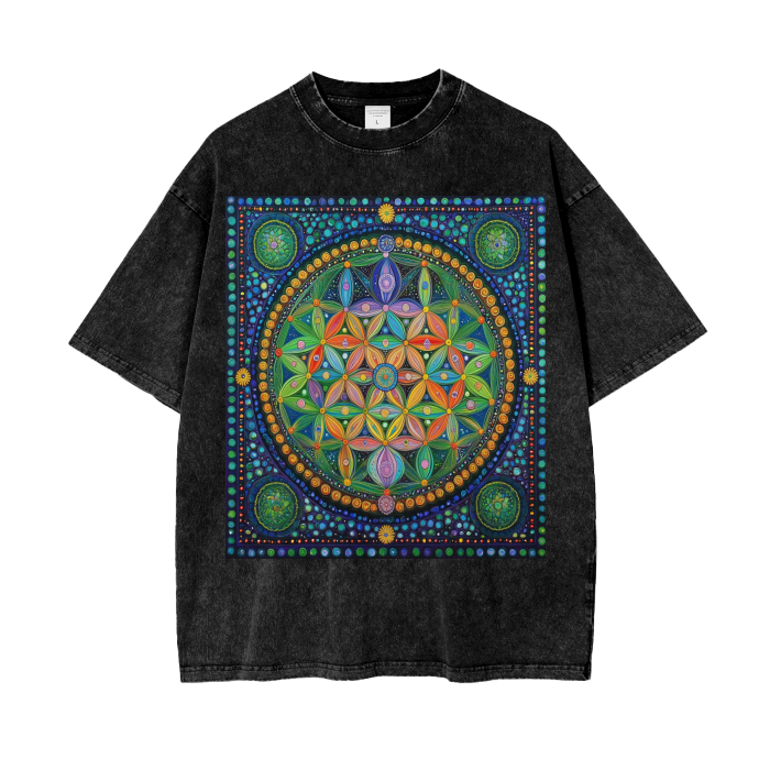 Lime Dotted Snow Flurrie Festival Flower of Life Chakra Mandala Burst Bordered Psychedelic Acid Wash Oversize T-Shirt - 250 GSML