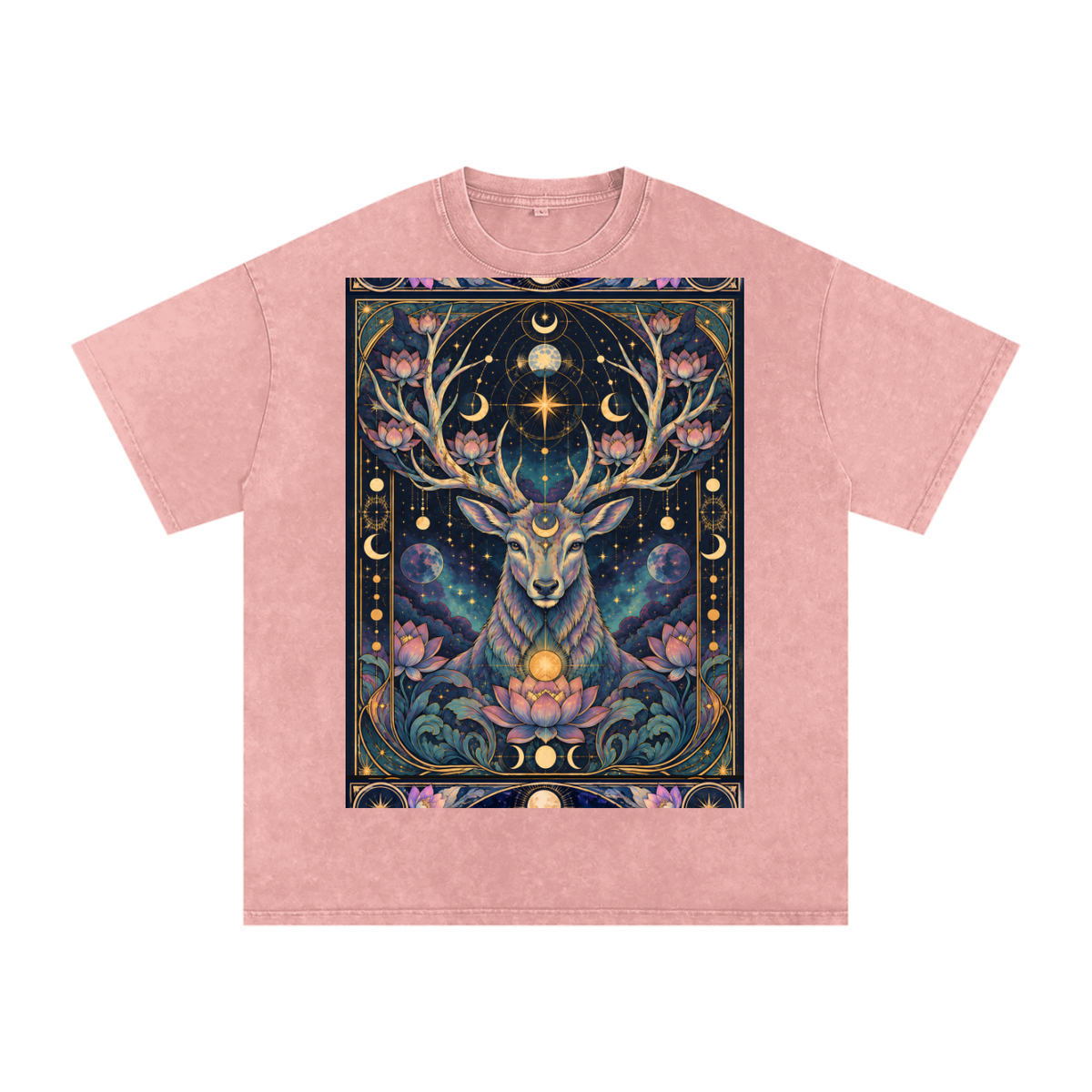 Cosmic Space Deer Lotus Moon Grunge Psy Festival Snow Washed Oversized Cotton T-Shirt