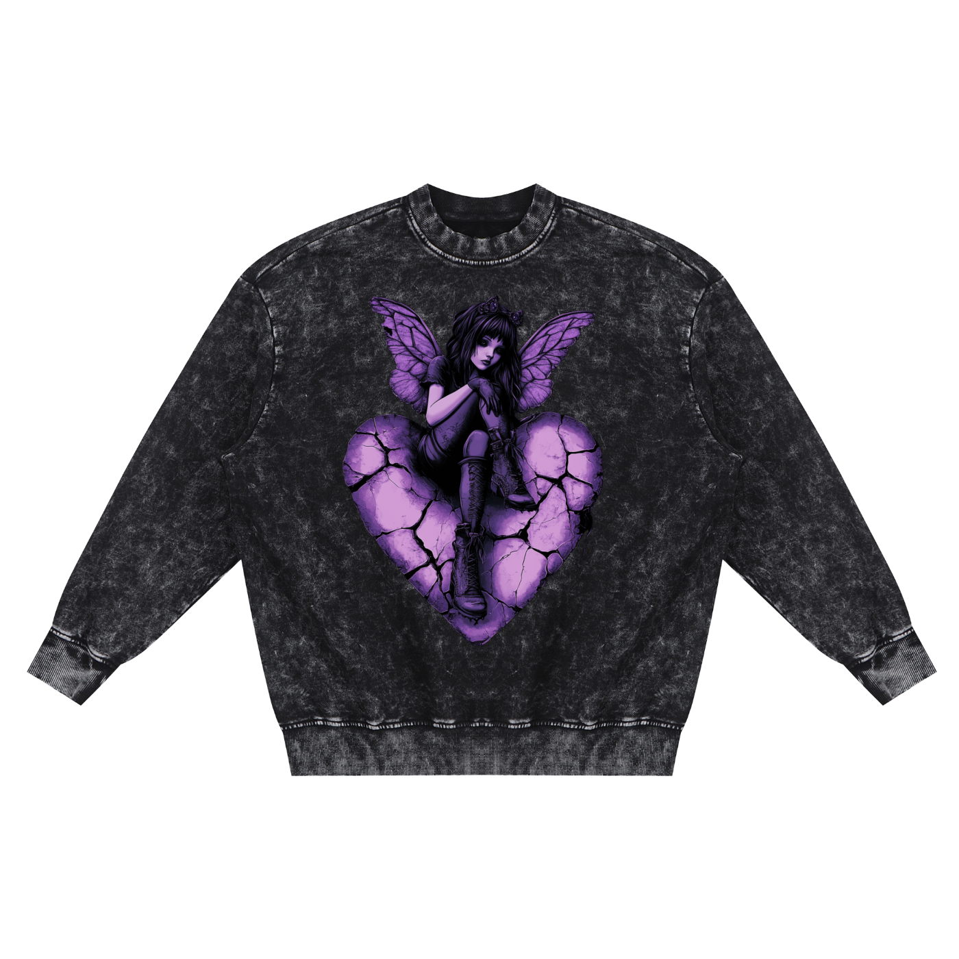 Brunette Purple Broken Heart Fairy Neon  Pastel Goth Grunge Heart Snow Washed Hand-Frayed Sweatshirt