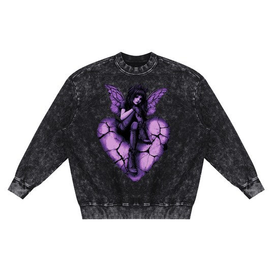 Brunette Purple Broken Heart Fairy Neon  Pastel Goth Grunge Heart Snow Washed Hand-Frayed Sweatshirt