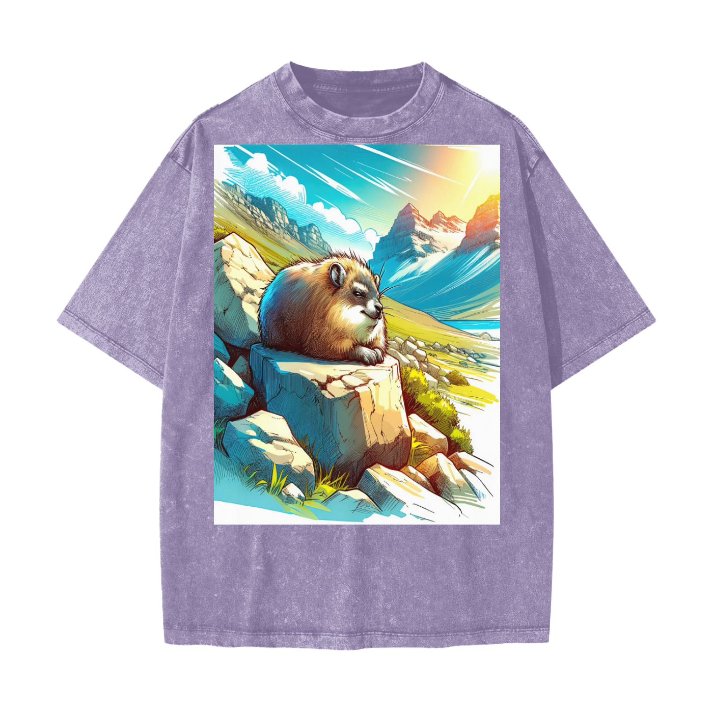 Anime Hyrax Blue skies basking on Rocks in field Festival Rave Unisex T-Shirt Heavyweight Snow Washed T-Shirt