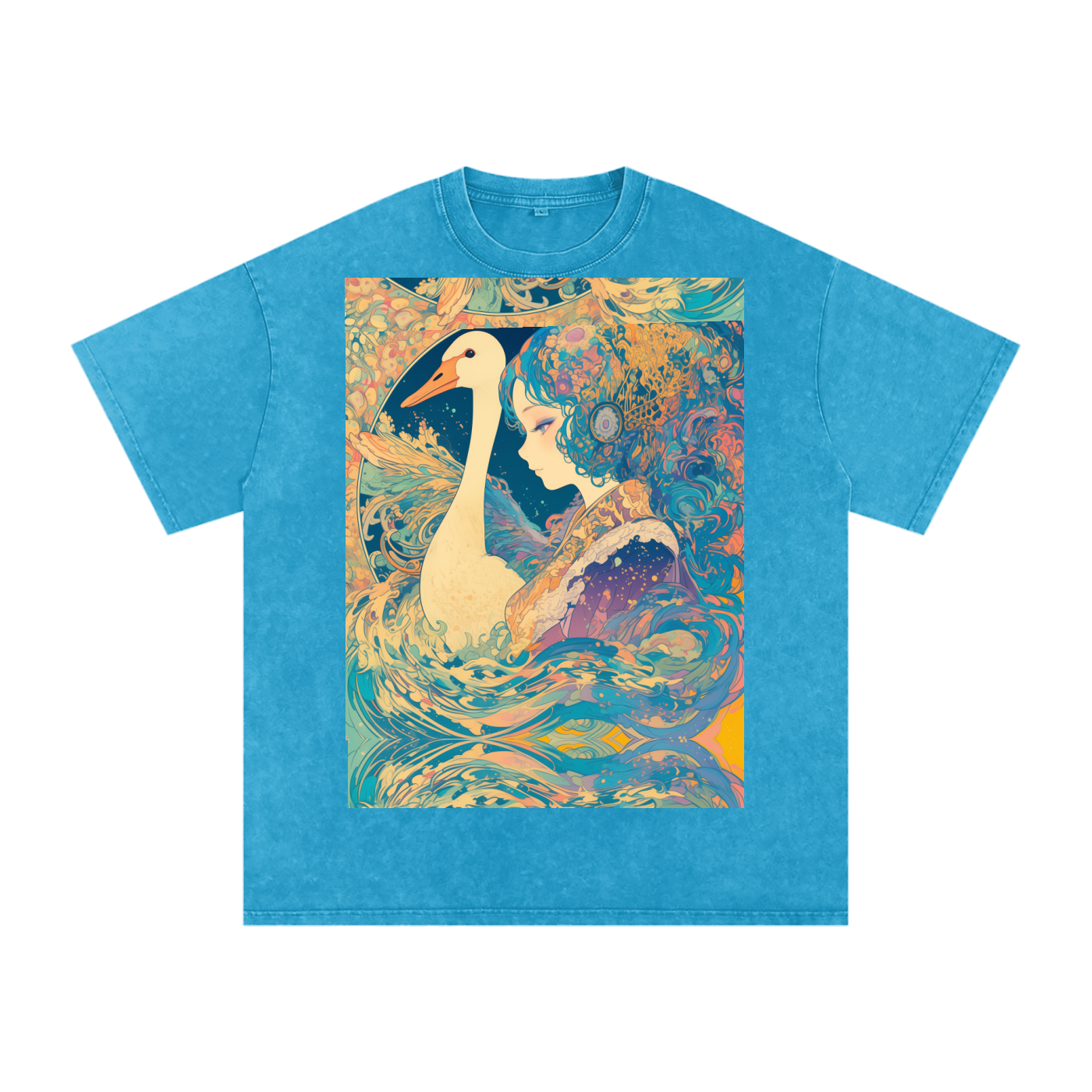 Goose Psychedelic Art Nouveau Moon Beach Wave Bordered Silhouette Anime Pagan Water Goddess Unisex T-Shirt--Snow Washed Oversized Cotton T-Shirt
