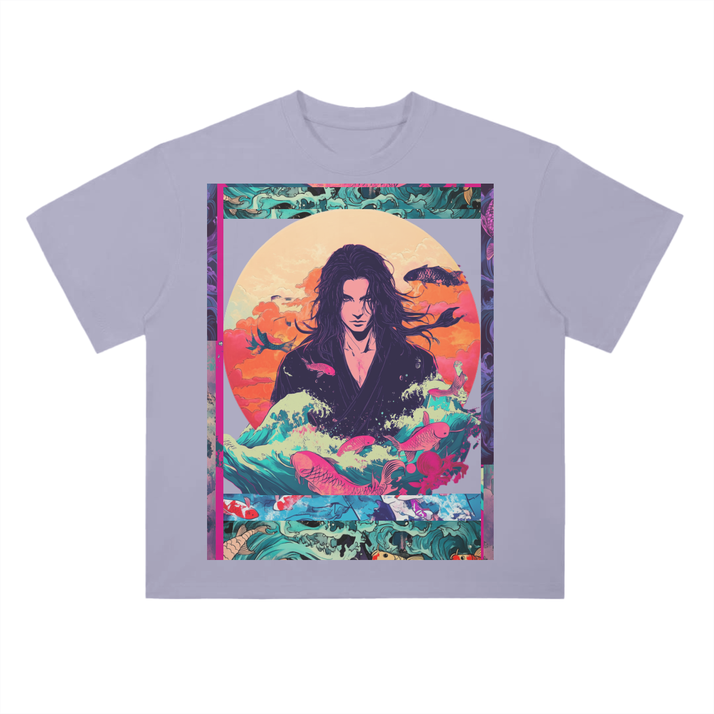 Retro Beach Koi Edo Shaman Kibuki Man Beach Wave Sun Melt Skyline Vision Graphic Drop Shoulder T-Shirt