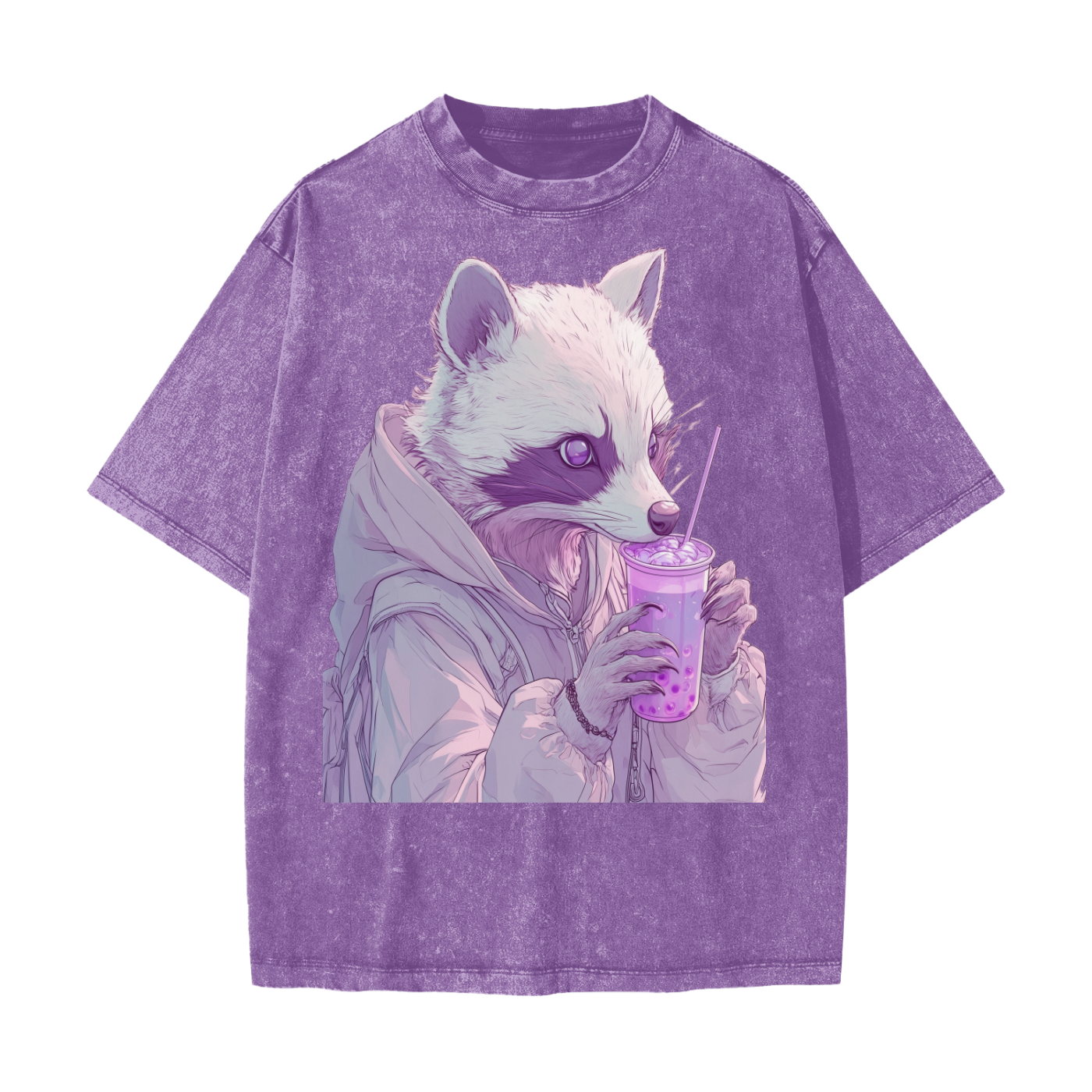 Pastel Pink Lavender Racoon Rainy Day Grunge Punk Anime Boba Tea Boyfriend fit  Acid Wash Oversize T-Shirt - CottonHeavyweight Snow Washed T-Shirt