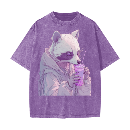 Pastel Pink Lavender Racoon Rainy Day Grunge Punk Anime Boba Tea Boyfriend fit  Acid Wash Oversize T-Shirt - CottonHeavyweight Snow Washed T-Shirt