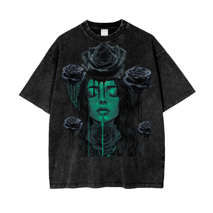 Goth Rose Teal Goth Lotus Third Eye Rose Lotus Chakra Goddess Grunge Graver Raver  Acid Wash Oversize T-Shirt - 250 GSM