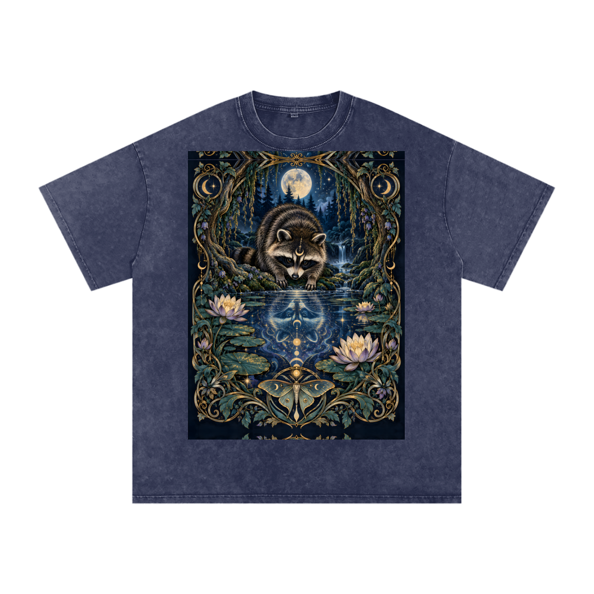 Raccoon Night Woods Lotus Reflection Fall Snow Washed Oversized Cotton T-Shirt
