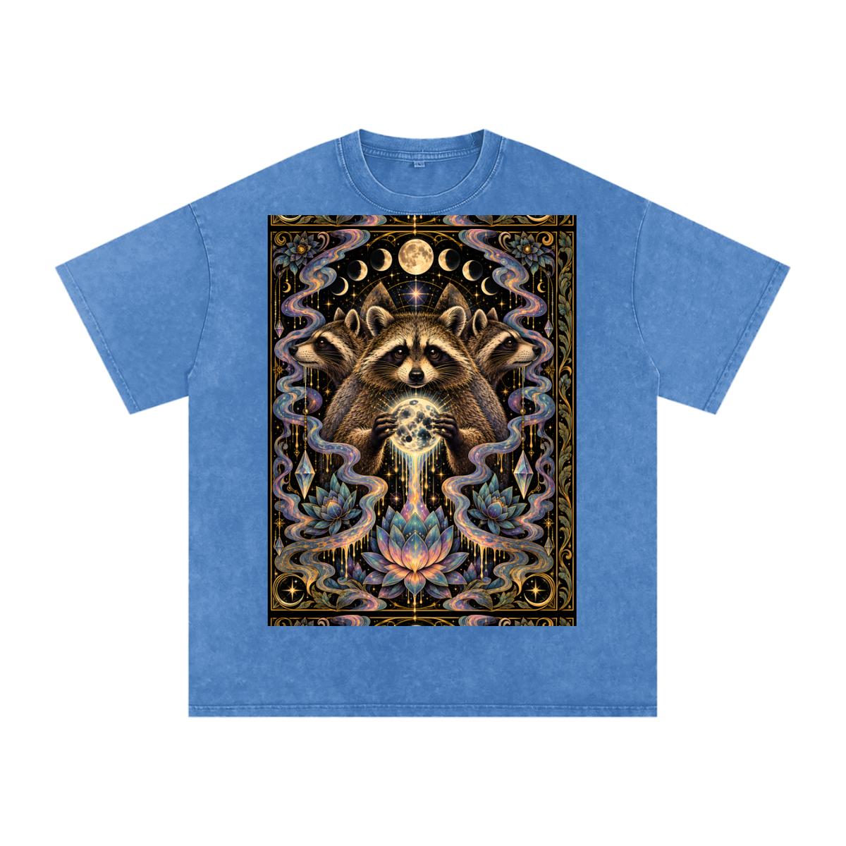 Raccoon Rorshach Moon Lotus Drip Snow Washed Oversized Cotton T-Shirt