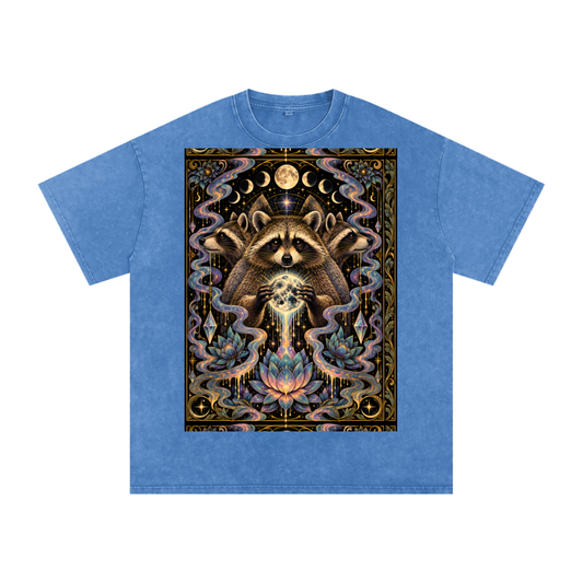 Raccoon Rorshach Moon Lotus Drip Snow Washed Oversized Cotton T-Shirt