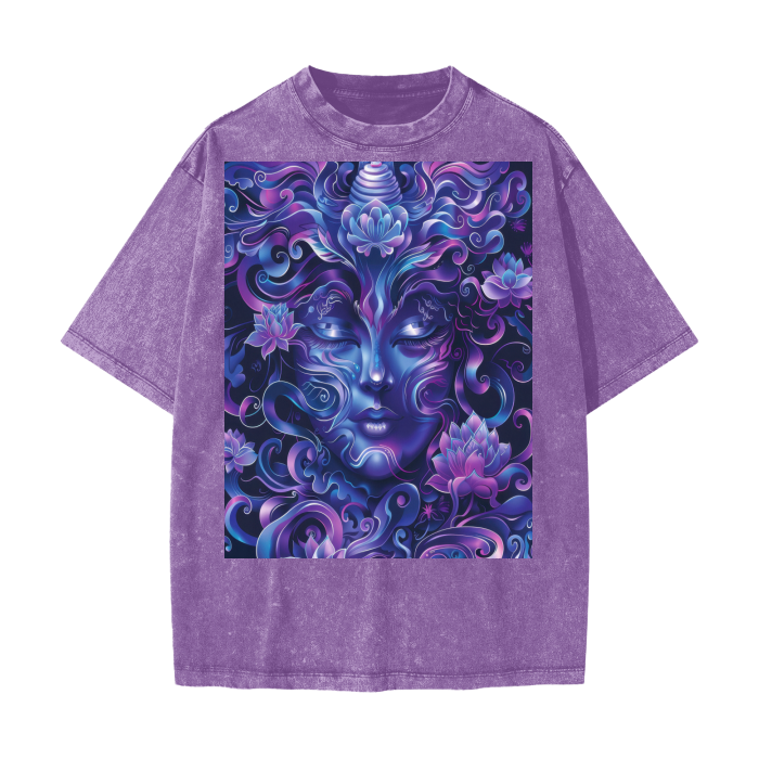 Purple Ultramarine Blue Shaman Woodland Enchanted Forest Deity Festival Psy Streetwear American Vintage Waxed Dyed Washed  Heavyweight 100% Cotton T-Shirt