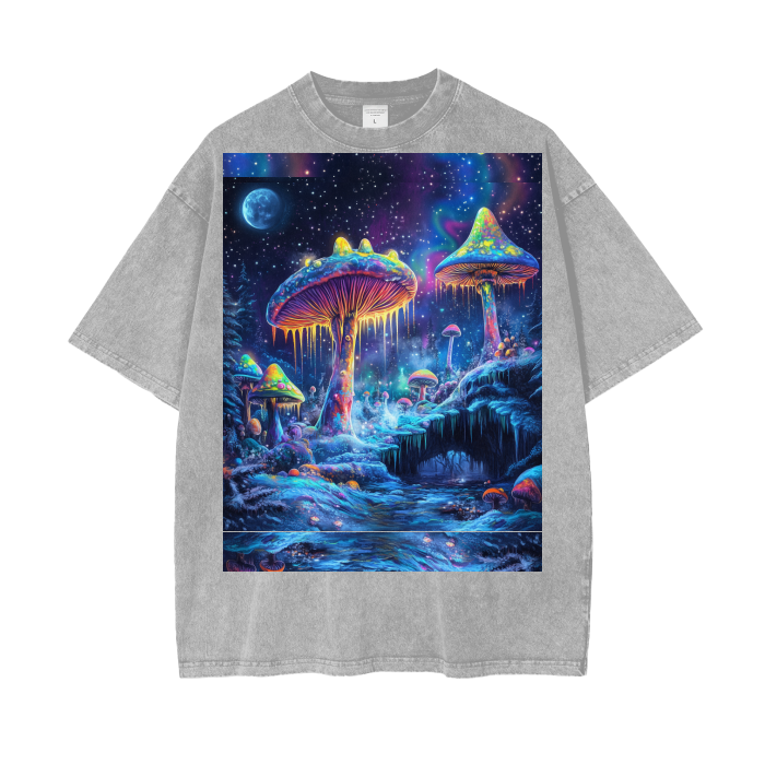 Psychedelic Winter Moonlight Muscaria Ice Space Galaxies Festival Psy Acid Wash Oversize T-Shirt - 250 GSM