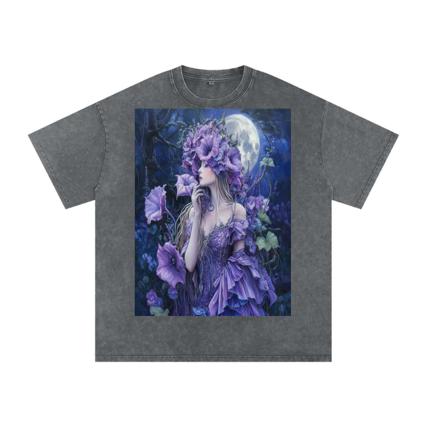 Lavender Datura Moon lit Trumpet Flower Fairy Snow Washed Oversized Cotton T-Shirt