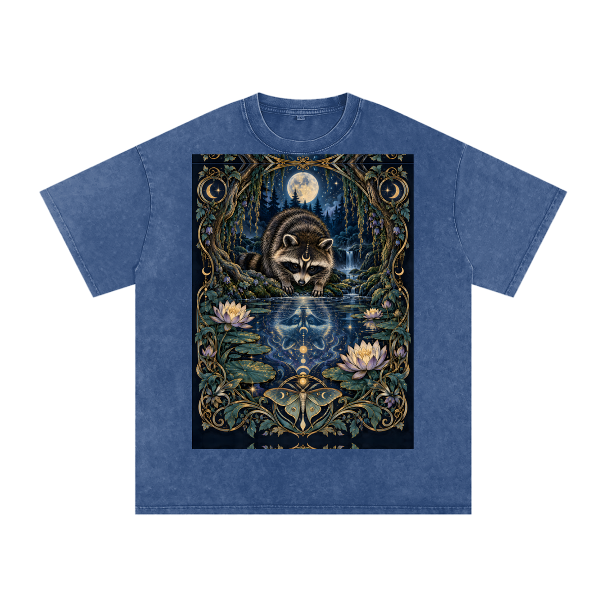 Raccoon Night Woods Lotus Reflection Fall Snow Washed Oversized Cotton T-Shirt