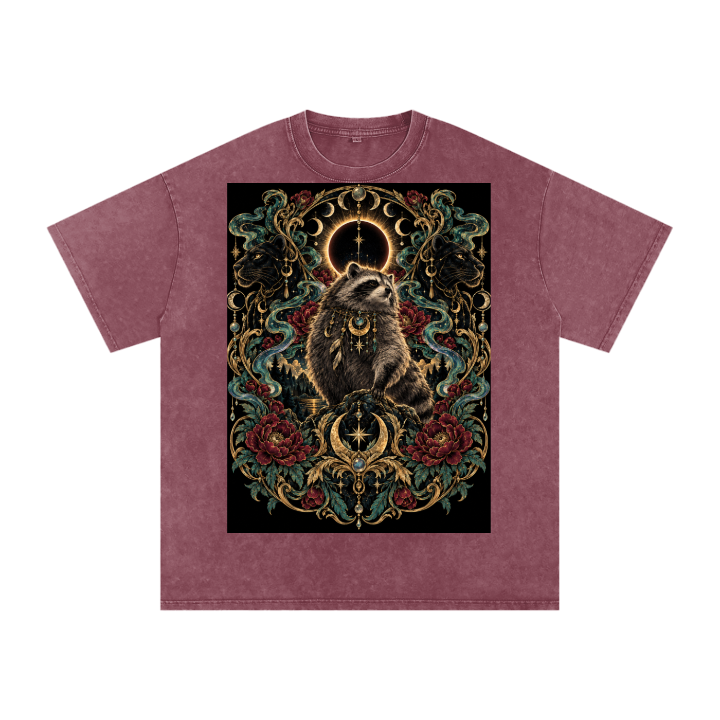 Racoon Crescent Panther Moonlight Grunge Washed Oversized Cotton T-Shirt