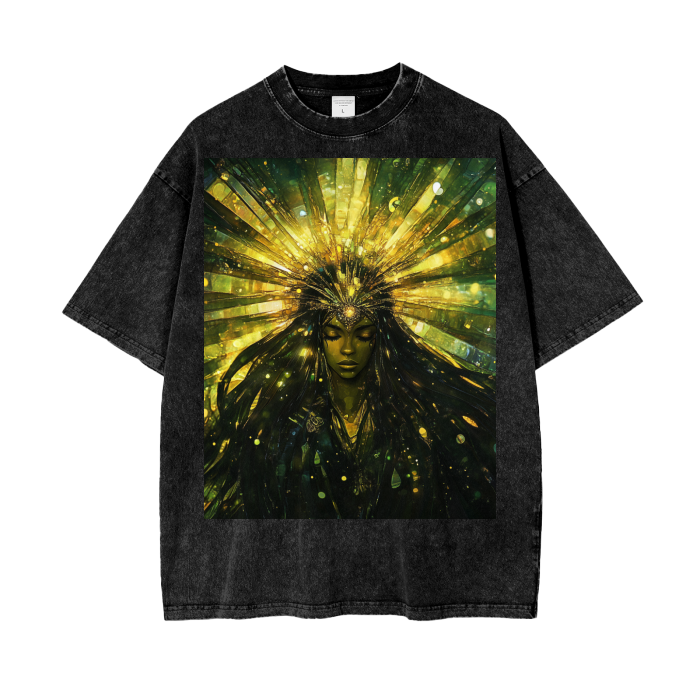 Winter Solar Crown Chakra Ebony Warmth Dark Goddess Festival Acid Wash Oversize T-Shirt - 250 GSM