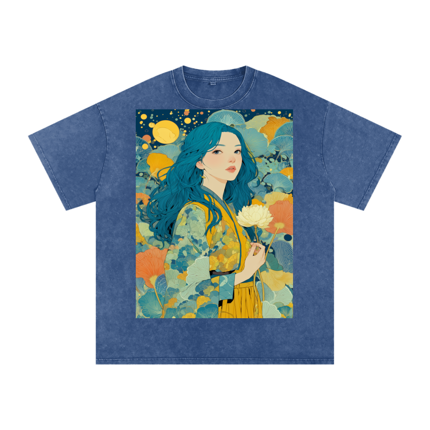 Teal Full Moon Lotus Goddess Psychedelic Art Nouveau Snow Washed Oversized Cotton T-Shirt