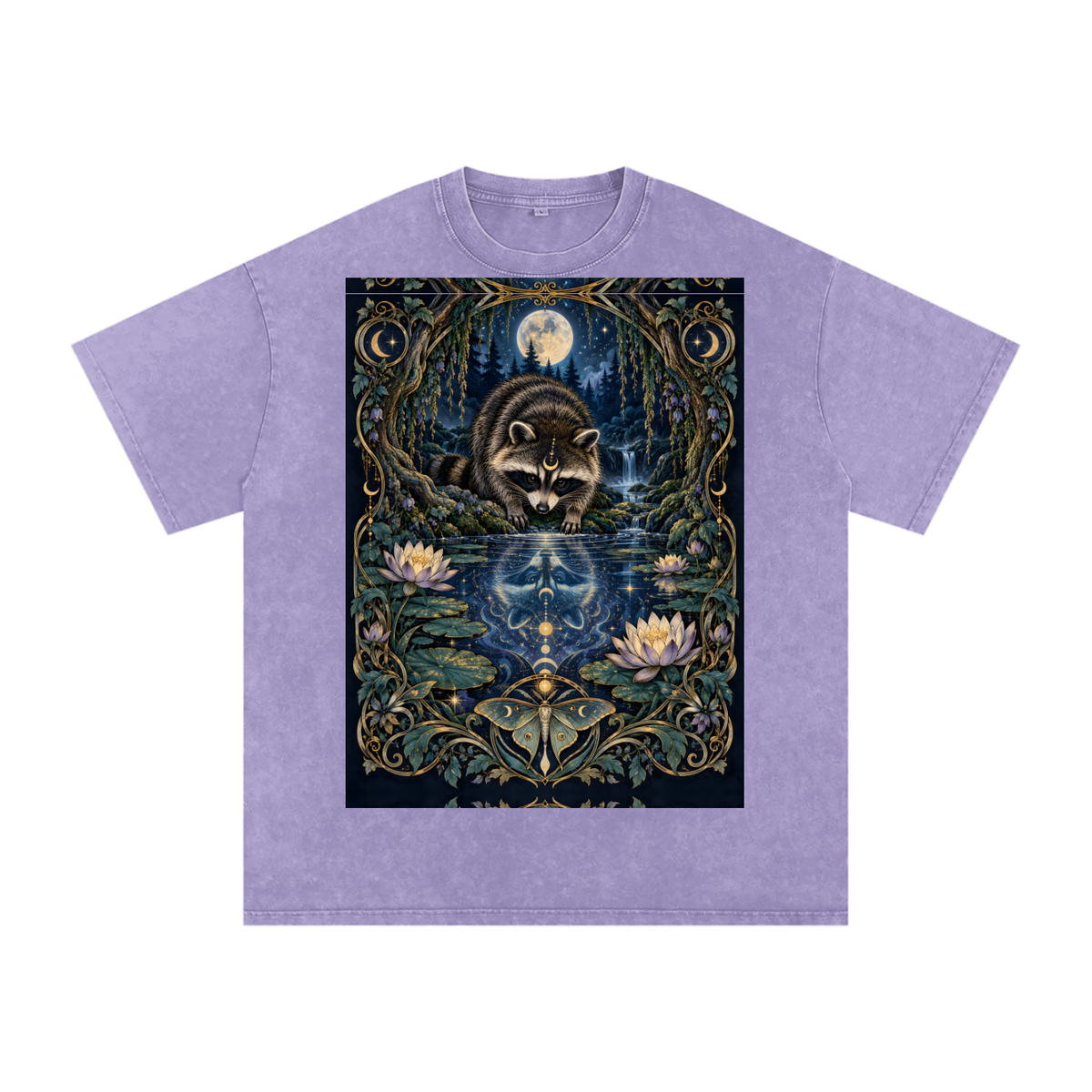 Raccoon Night Woods Lotus Reflection Fall Snow Washed Oversized Cotton T-Shirt
