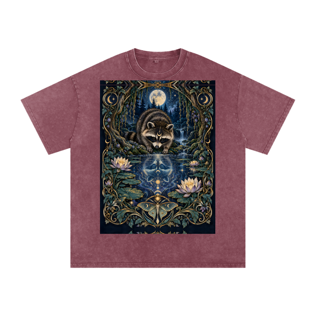 Raccoon Night Woods Lotus Reflection Fall Snow Washed Oversized Cotton T-Shirt