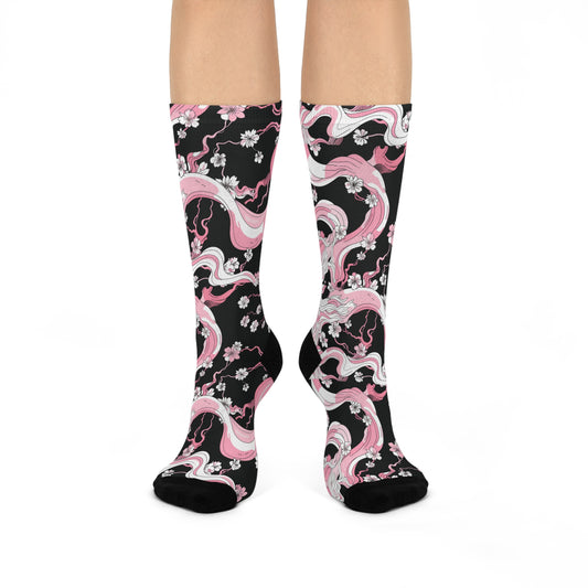 Pink Black Cherry Blossom Anime Japan Swirl Floral Cushioned Crew Socks
