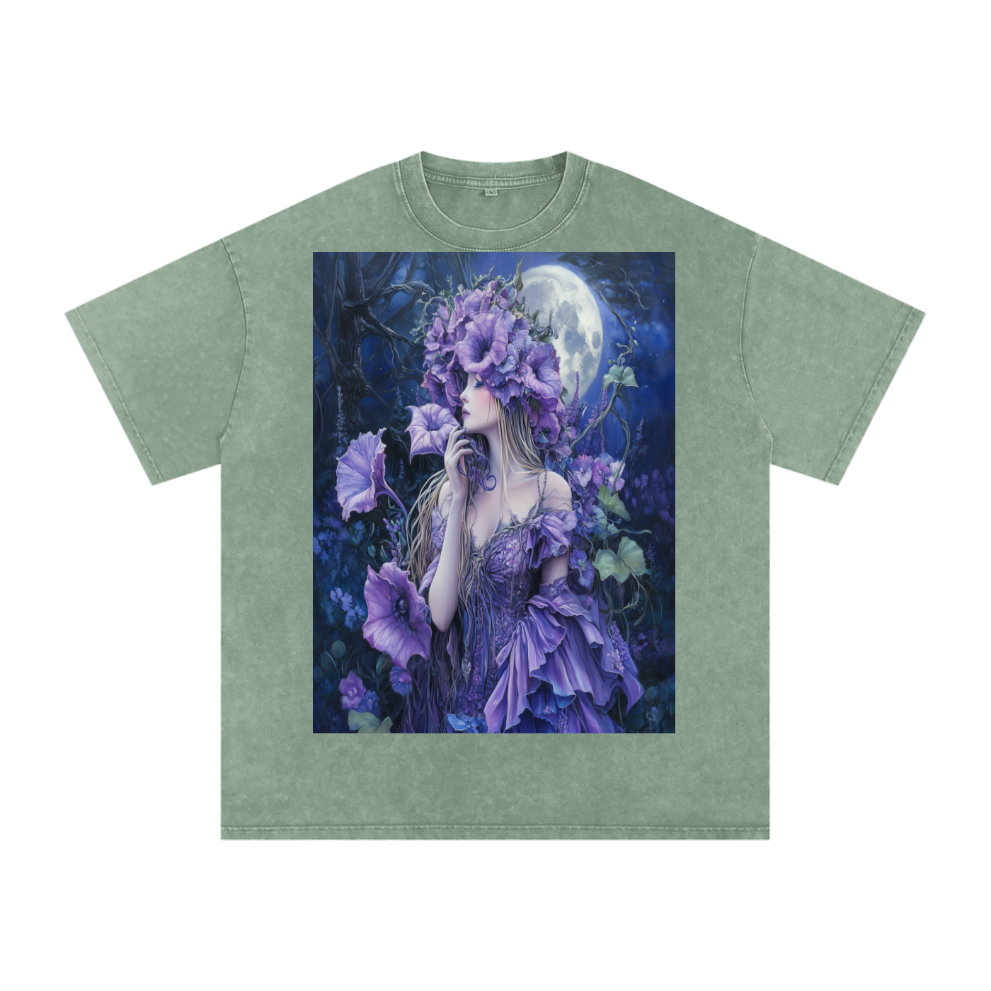Lavender Datura Moon lit Trumpet Flower Fairy Snow Washed Oversized Cotton T-Shirt