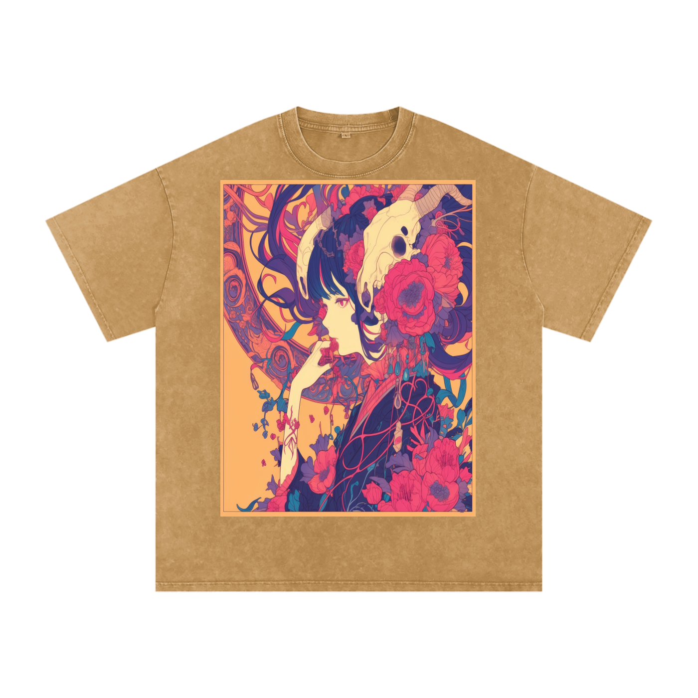 Autumn Avant Yellow Girl Floral Nouveau Skull Unisex Tee-Snow Washed Oversized Cotton T-Shirt